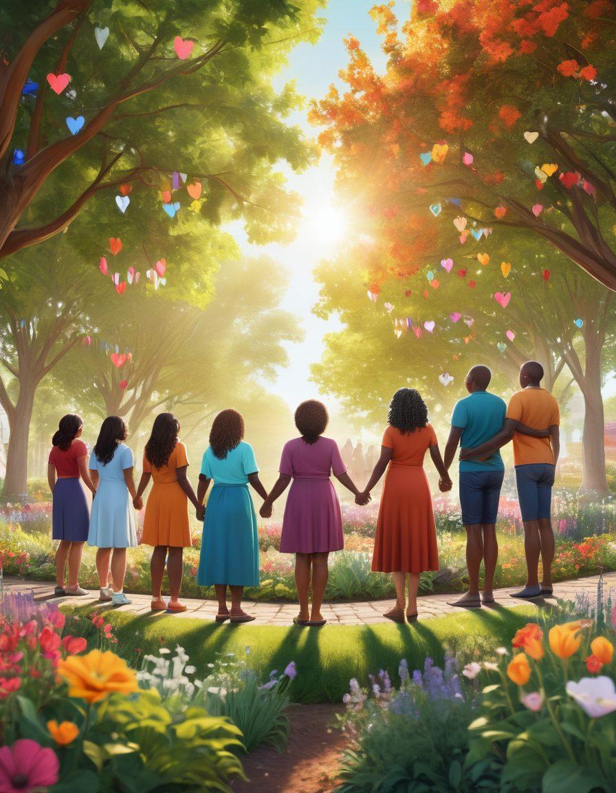 A diverse group of empowered survivors standing together in a circle, each holding hands and surrounded by symbols of support like hearts, ribbons, and resources. In the background, a vibrant community garden blooms with colorful plants and flowers, symbolizing growth and healing. The scene radiates warmth and inclusivity, with sunlight filtering through trees. Illustrative style with vivid colors and soft edges. vibrant colors. 3D.