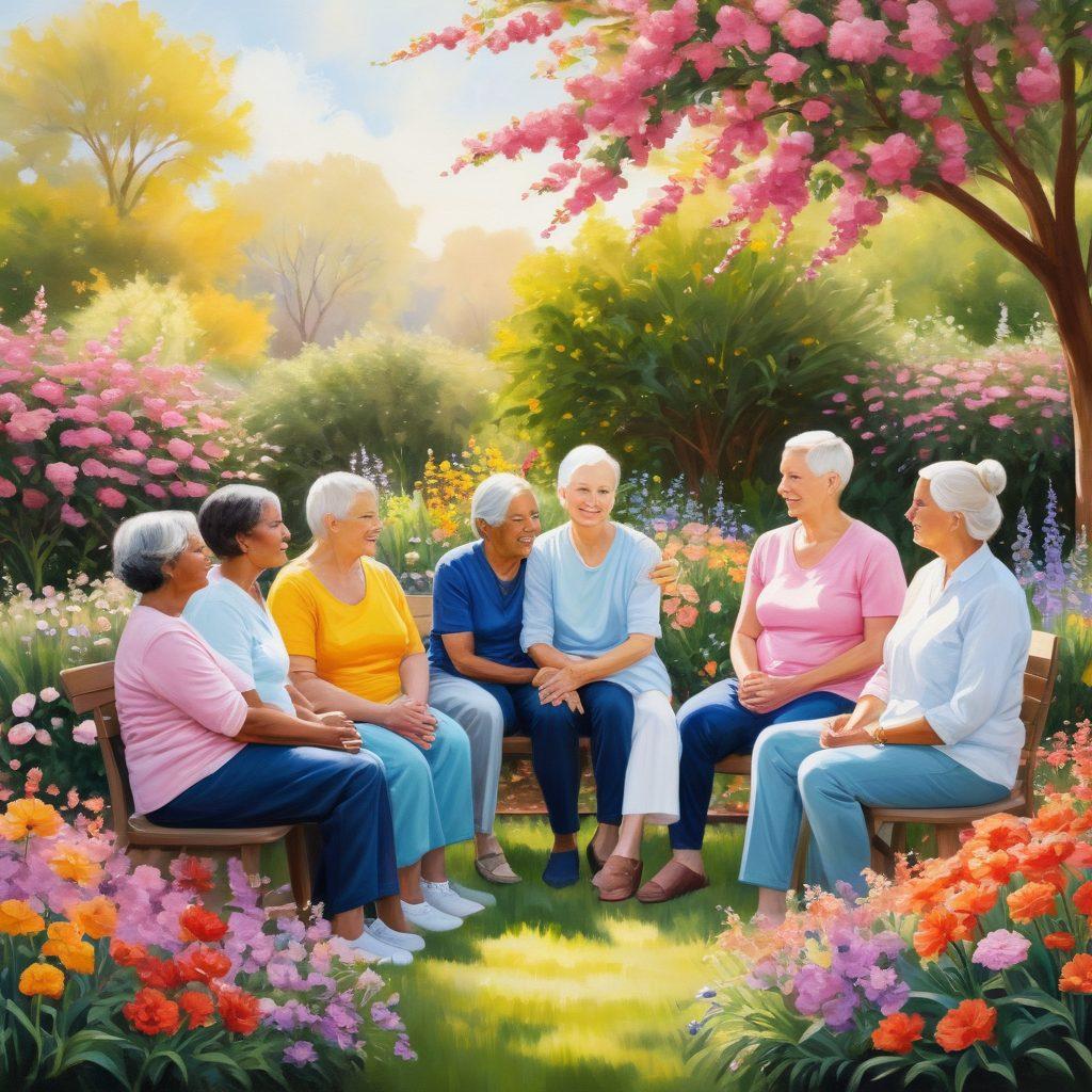 A nurturing scene depicting a diverse group of cancer survivors, sharing stories in a sunlit support group outside, surrounded by blooming flowers symbolizing hope and resilience. Include soft, warm colors with gentle brushstrokes to convey comfort and empowerment. The background should feature an inviting garden with supportive elements reflecting community and strength. painting. vibrant colors.