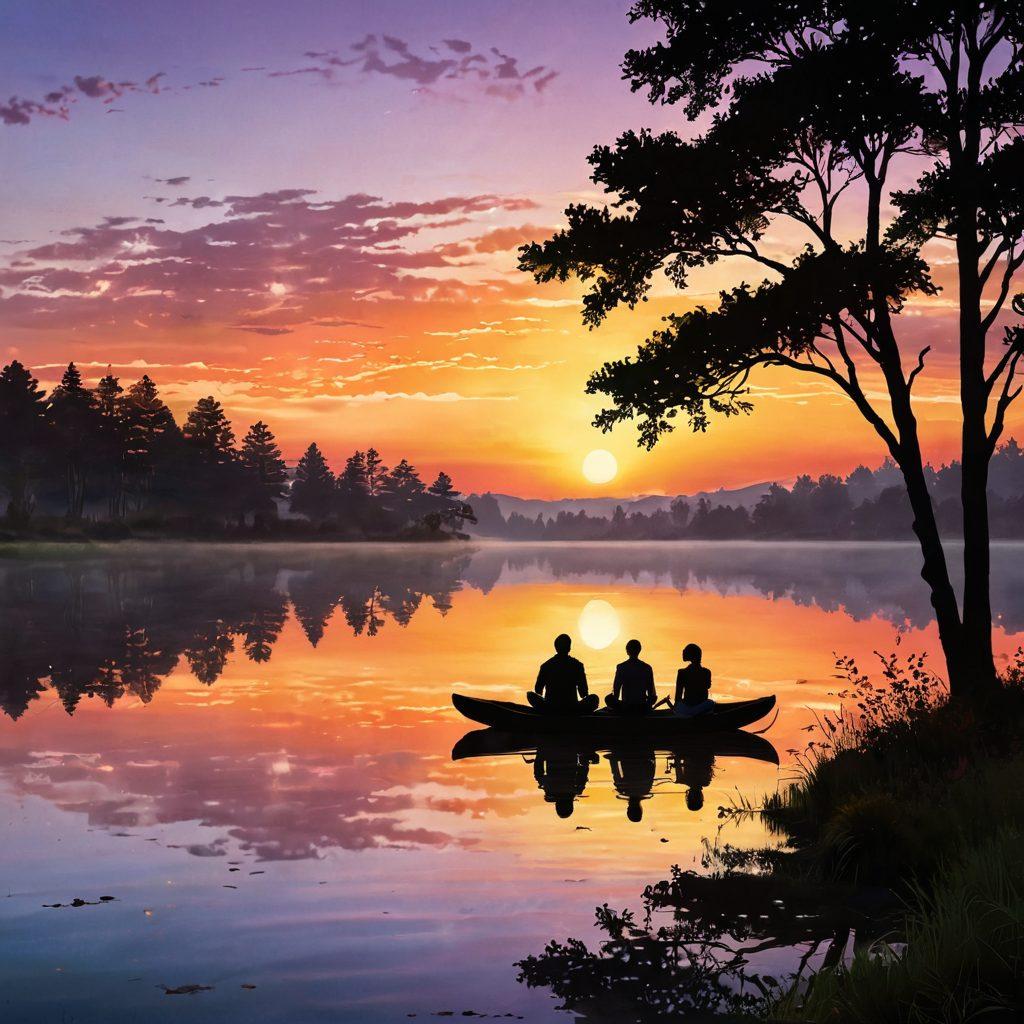 A serene landscape depicting a sunrise over a tranquil lake, symbolizing hope and new beginnings for cancer survivors. Include silhouettes of diverse individuals engaged in various activities like walking, meditating, and reading, representing the journey from awareness to action. Emphasize vibrant colors that evoke a sense of renewal and inspiration. super-realistic. vibrant colors. peaceful atmosphere.